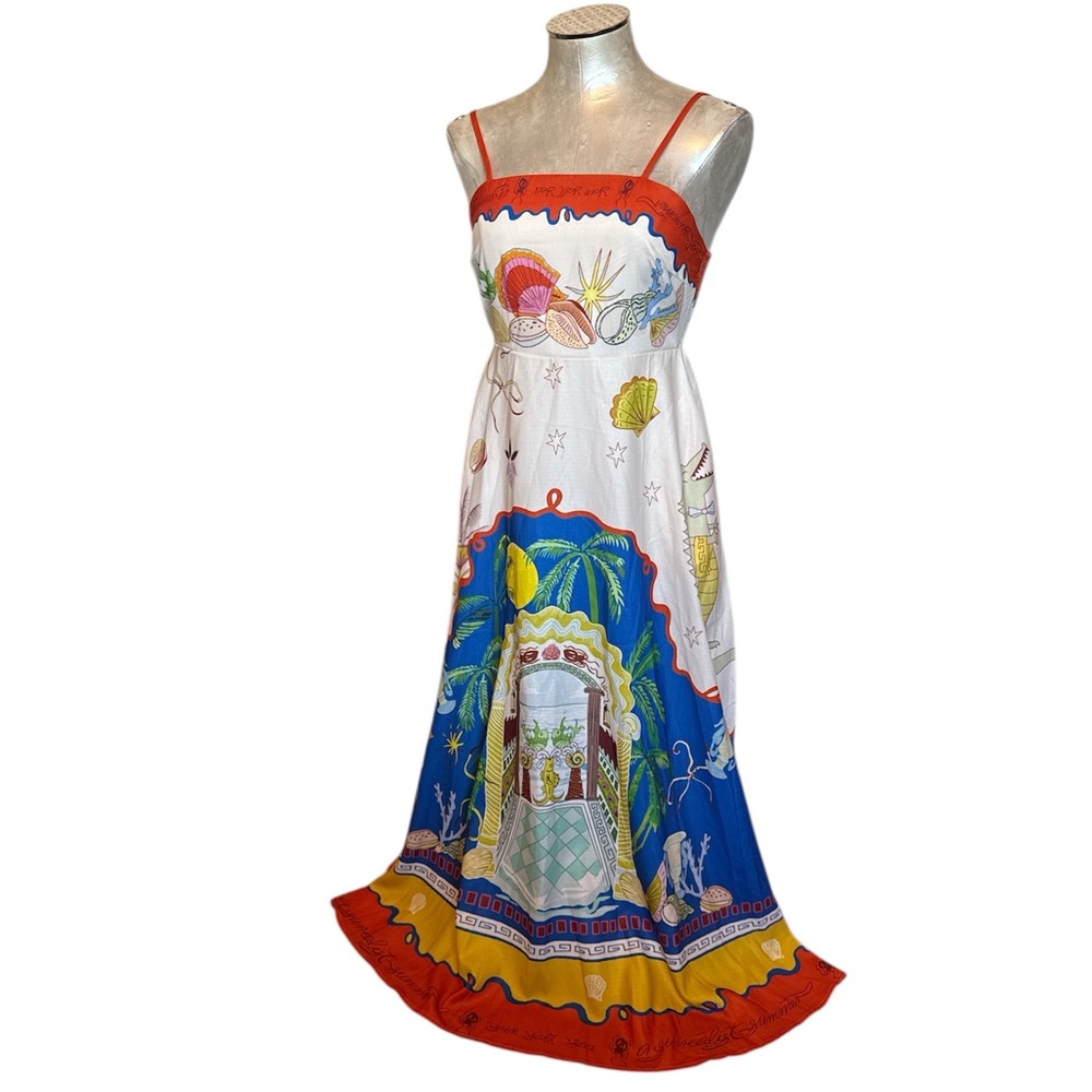 Anthropologie Women’s Long Dress Tropical Scenic Print Linen blend Small